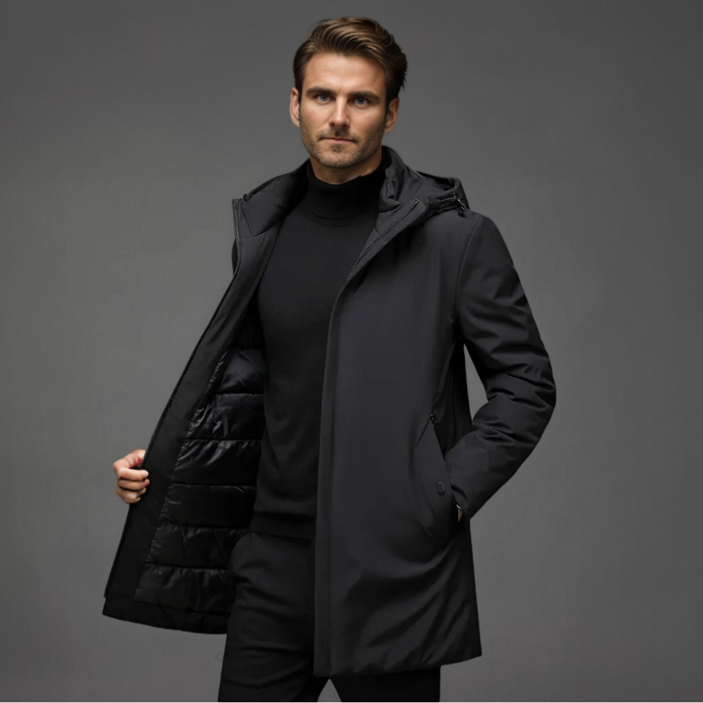 Men's Hooded Mid-Length Jacket, Long Sleeves, Zip Front