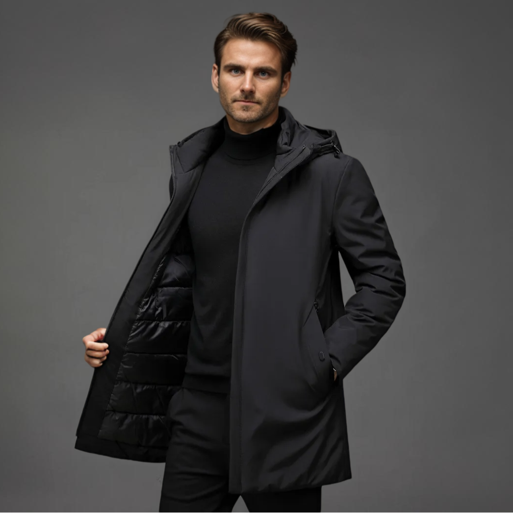 Men's Hooded Mid-Length Jacket, Long Sleeves, Zip Front