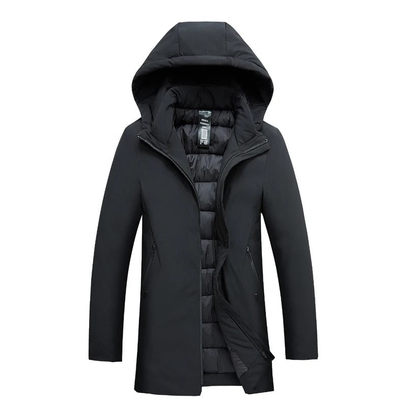 Men's Hooded Mid-Length Jacket, Long Sleeves, Zip Front
