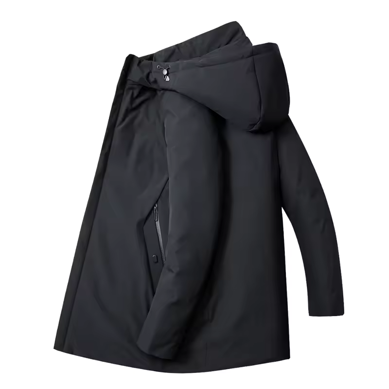 Men's Hooded Mid-Length Jacket, Long Sleeves, Zip Front