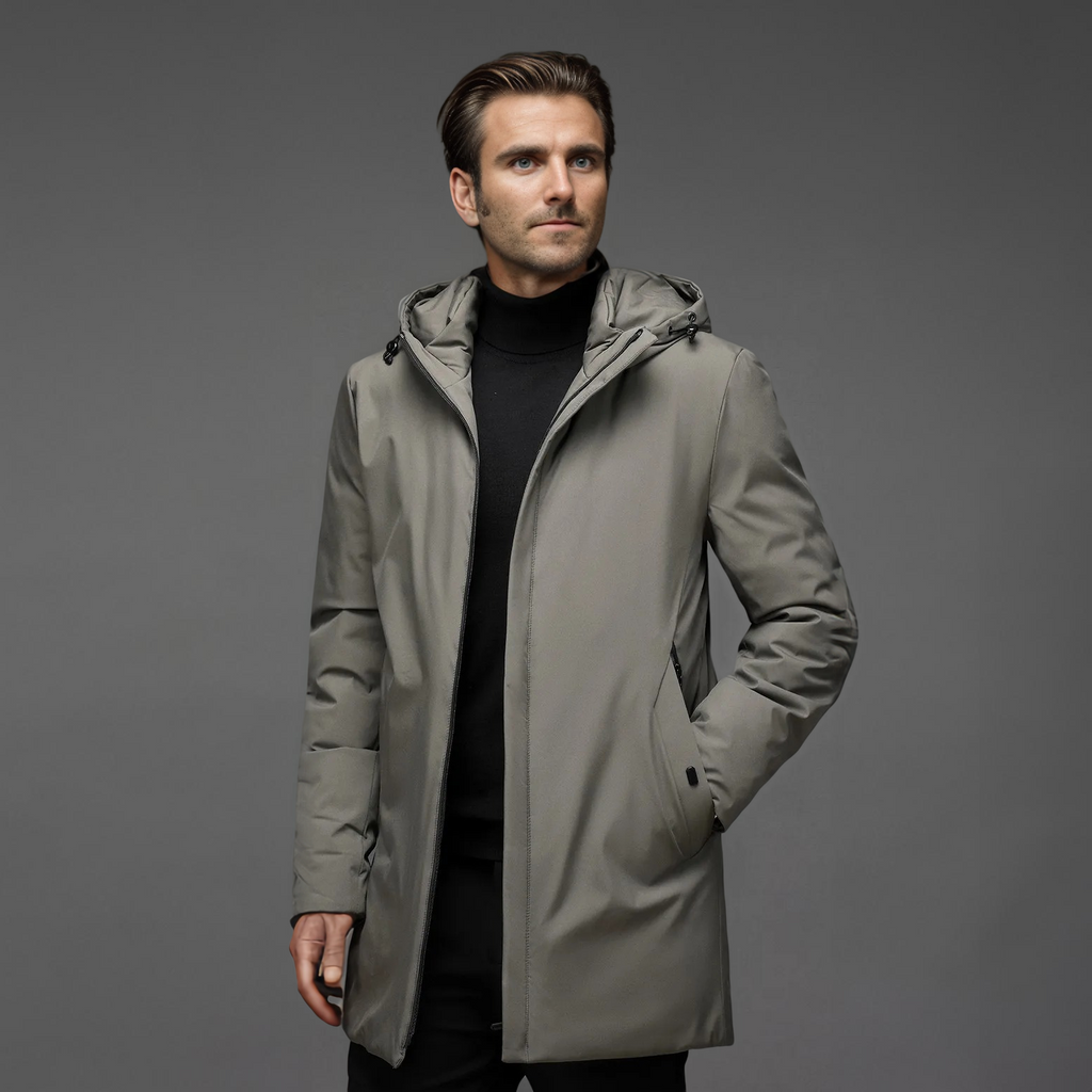 Men's Hooded Mid-Length Jacket, Long Sleeves, Zip Front
