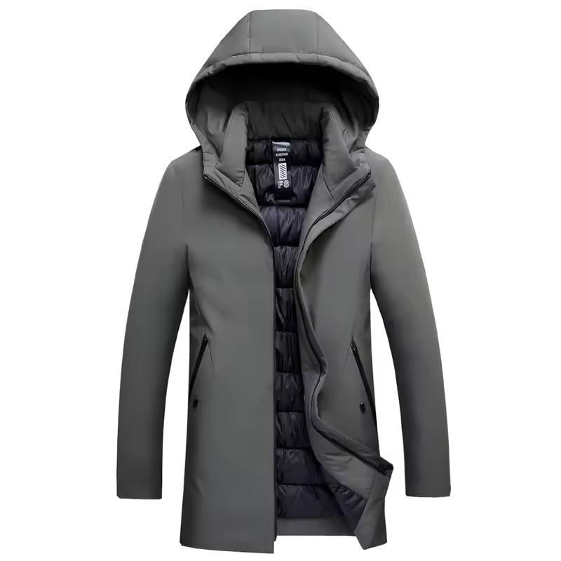 Men's Hooded Mid-Length Jacket, Long Sleeves, Zip Front