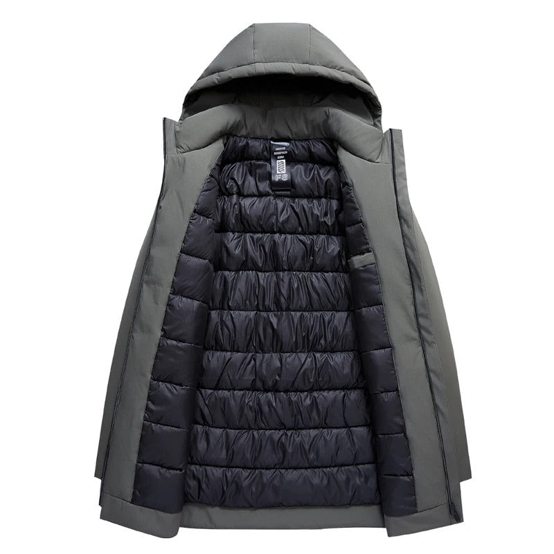 Men's Hooded Mid-Length Jacket, Long Sleeves, Zip Front