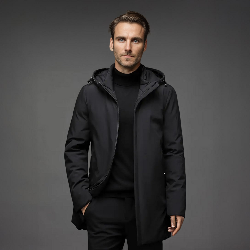 Men's Hooded Mid-Length Jacket, Long Sleeves, Zip Front