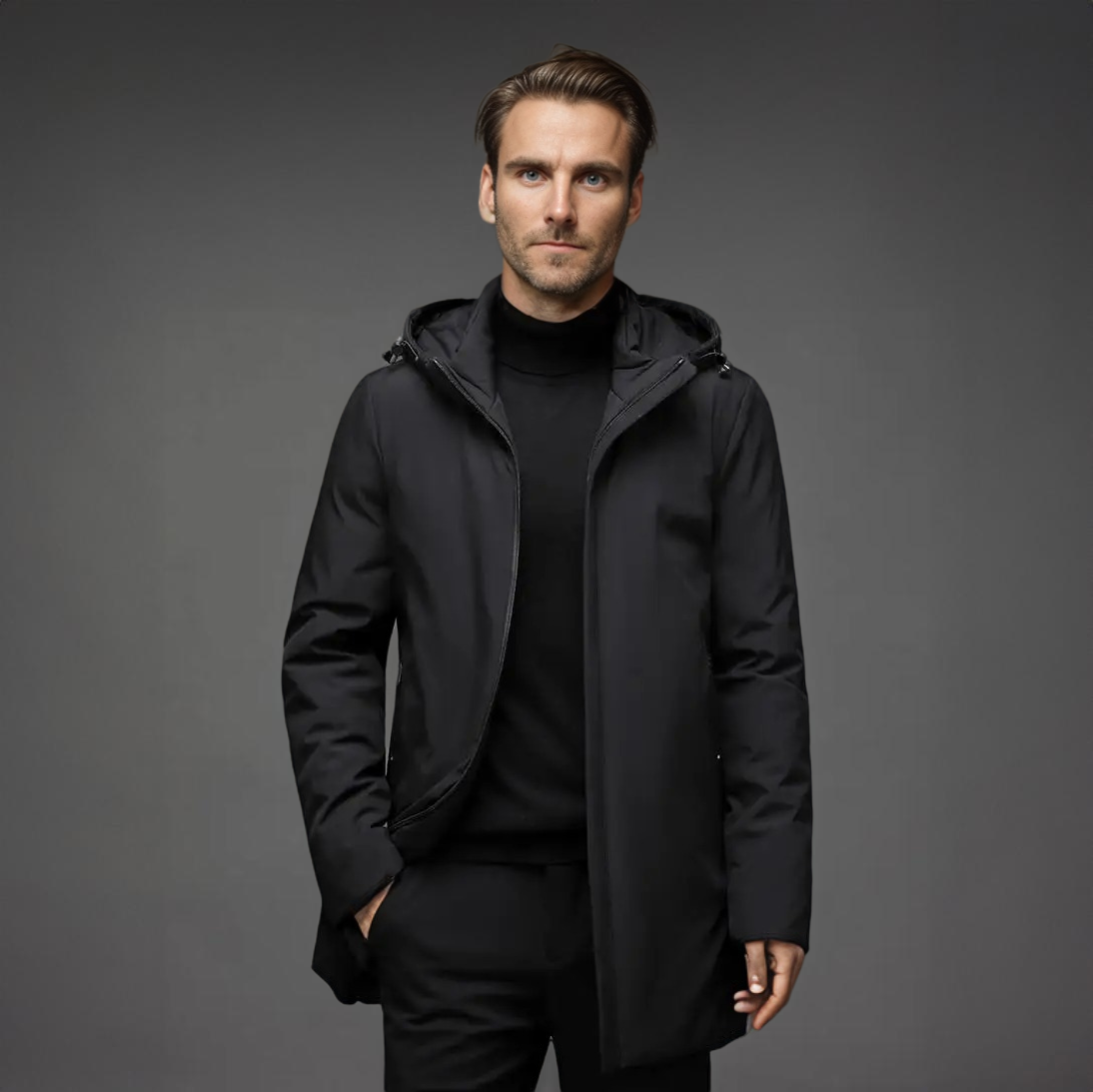 Men's Hooded Mid-Length Jacket, Long Sleeves, Zip Front