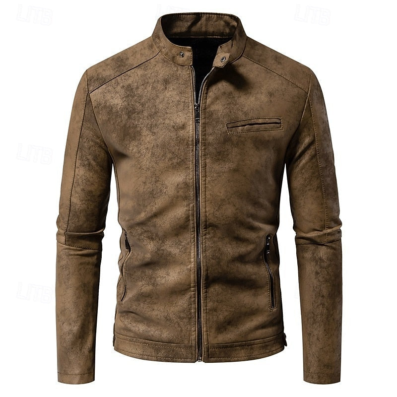 Men's Faux Leather Biker Jacket with Stand Collar and Zip-Up Design
