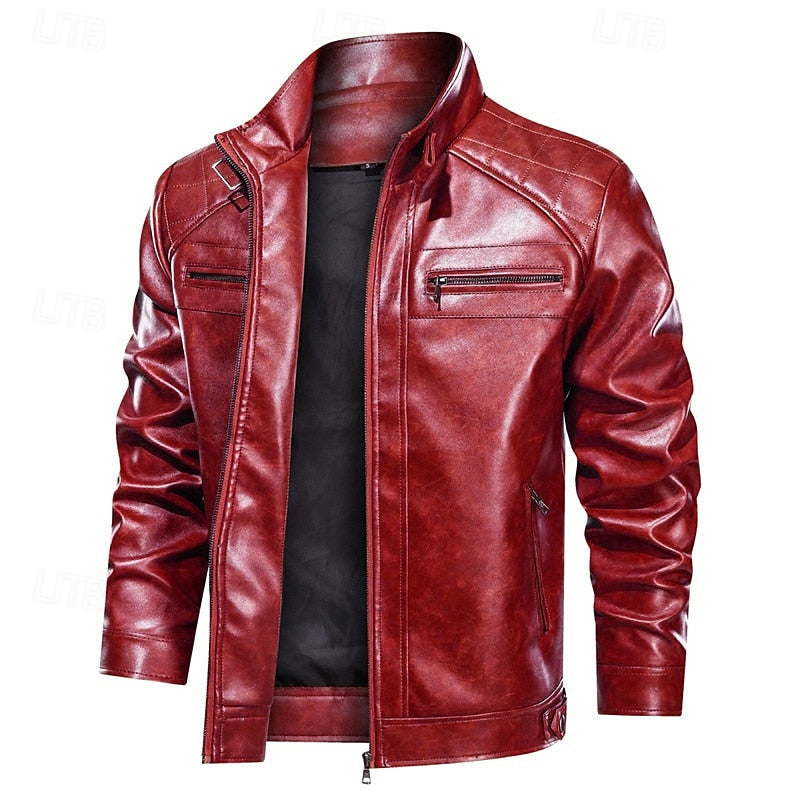 Men's Faux Leather Red Biker Jacket with Stand Collar and Zip-Up