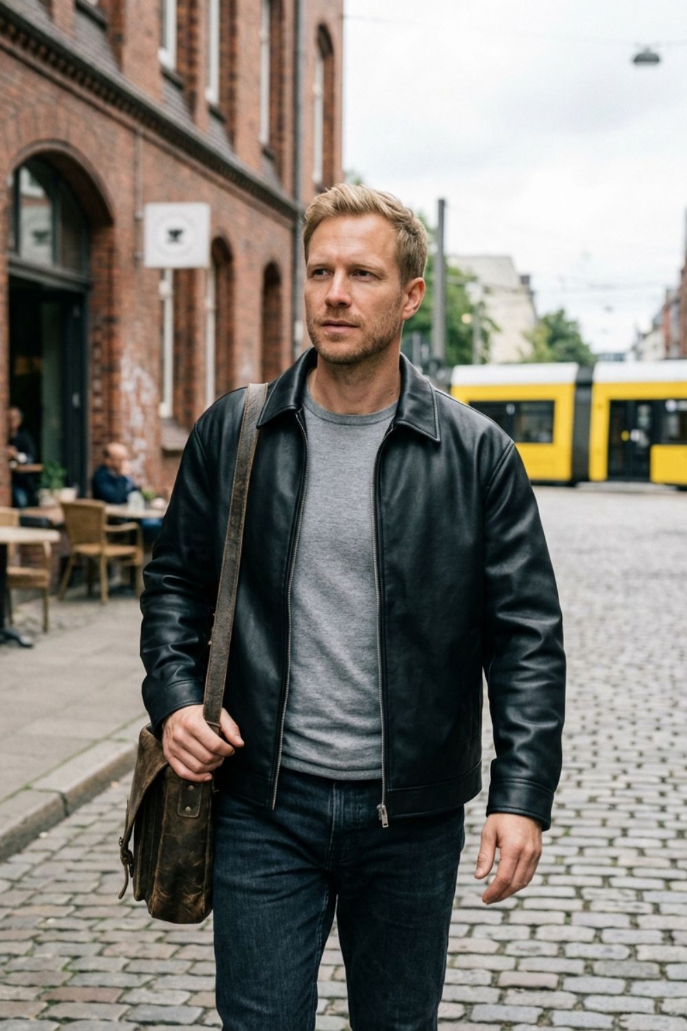 Men's Full-Zip Leather Jacket with Notch Collar