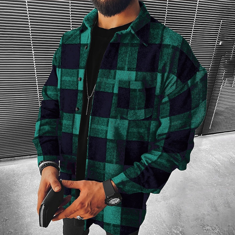 Men's Green Plaid Flannel Overshirt Long Sleeve Jacket – Casual Gift