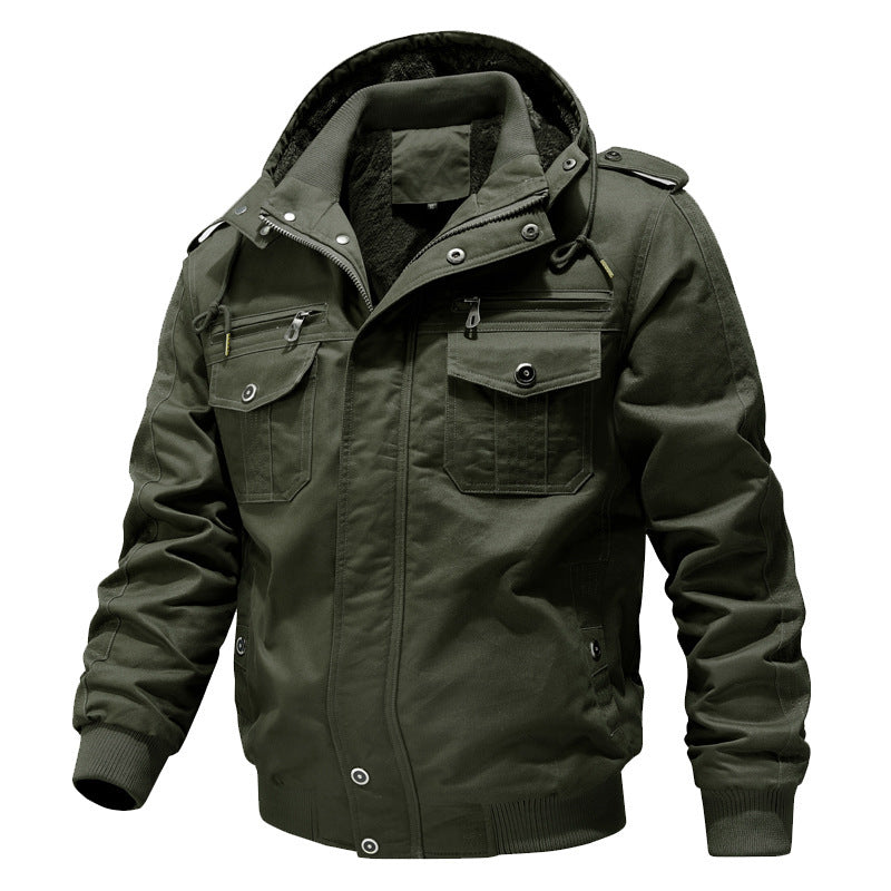 Men's Hooded Field Jacket with Sherpa Lining and Cargo Pockets