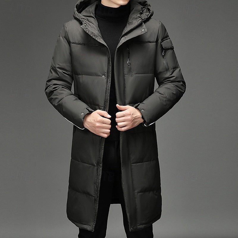 Men's Hooded Long Puffer Coat Winter Parka Zip-Up Jacket for Cold Weather