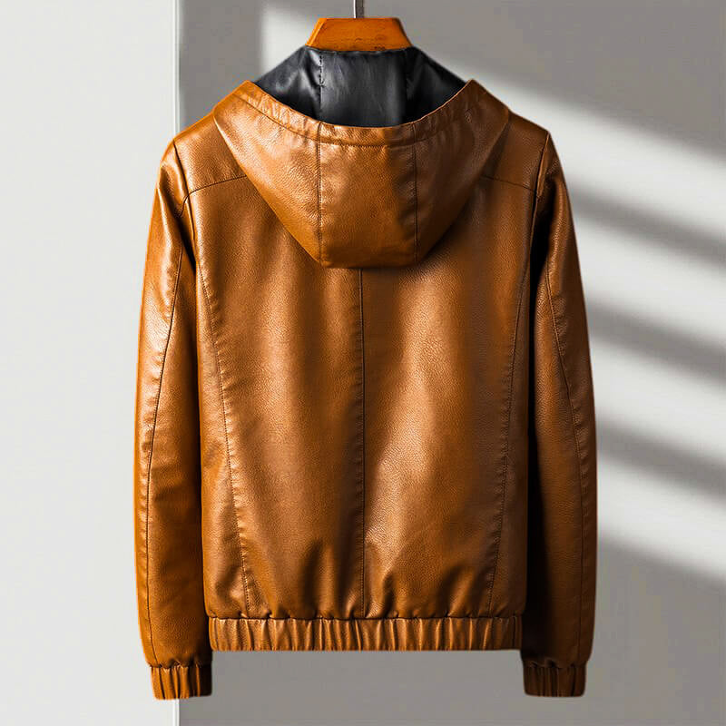 Men's Hooded Zip Leather Jacket with Ribbed Cuffs