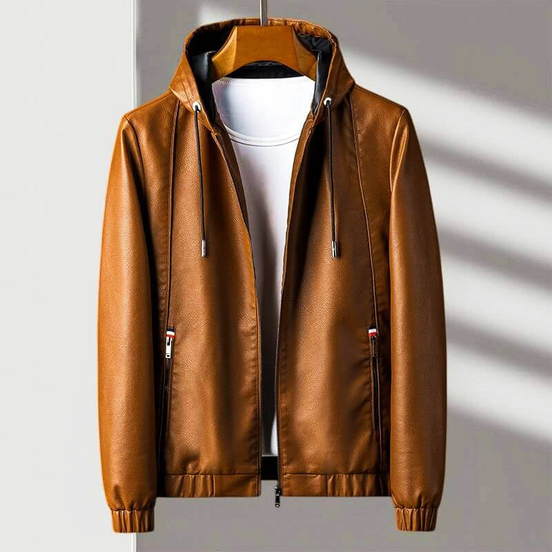 Men's Hooded Zip Leather Jacket with Ribbed Cuffs