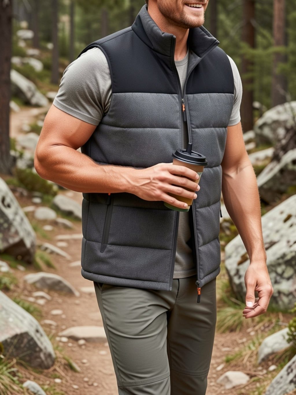 Men's Insulated Stand-Collar Gray Puffer Vest – Casual Winter Layering