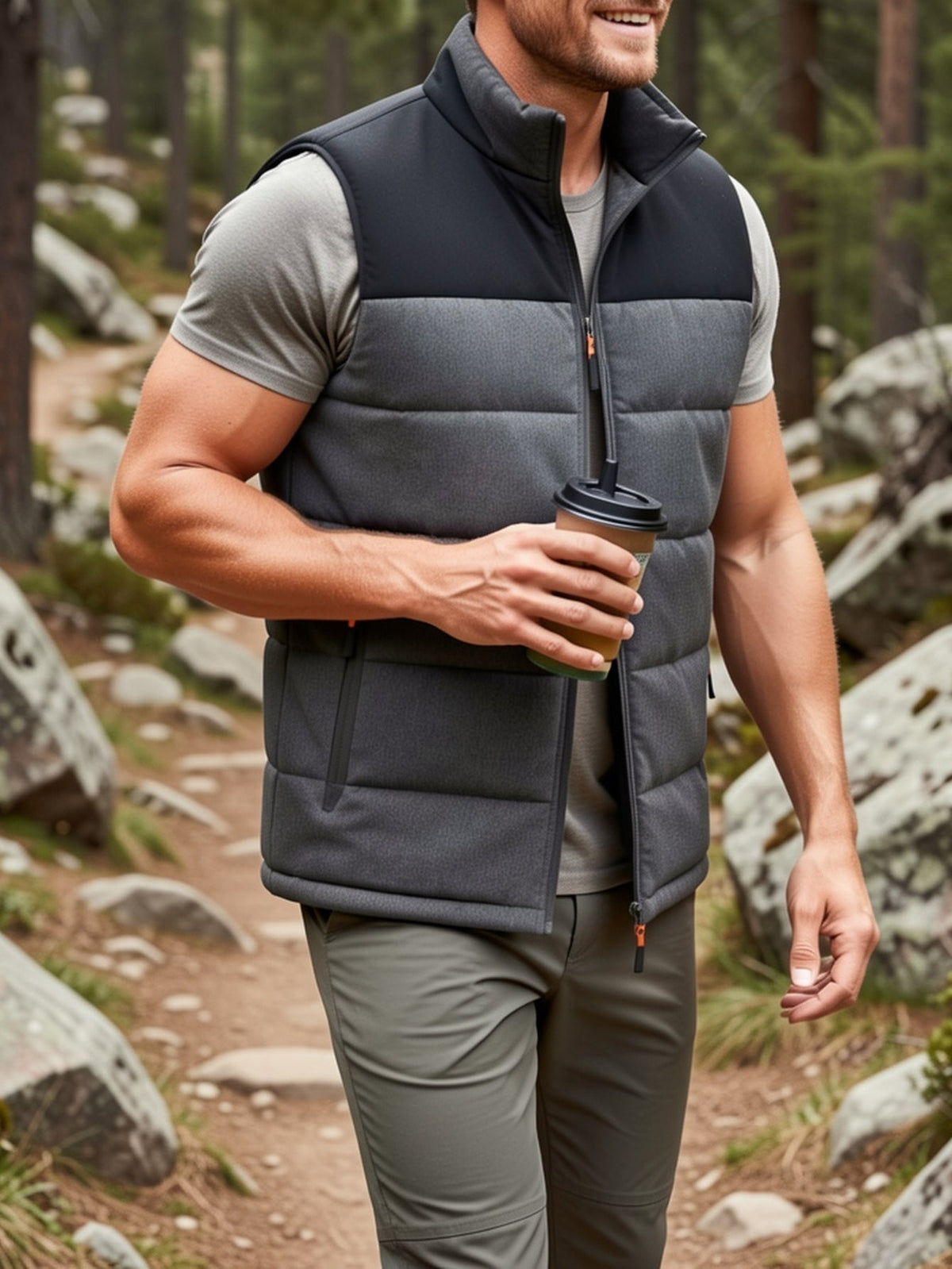 Men's Insulated Stand-Collar Gray Puffer Vest – Casual Winter Layering