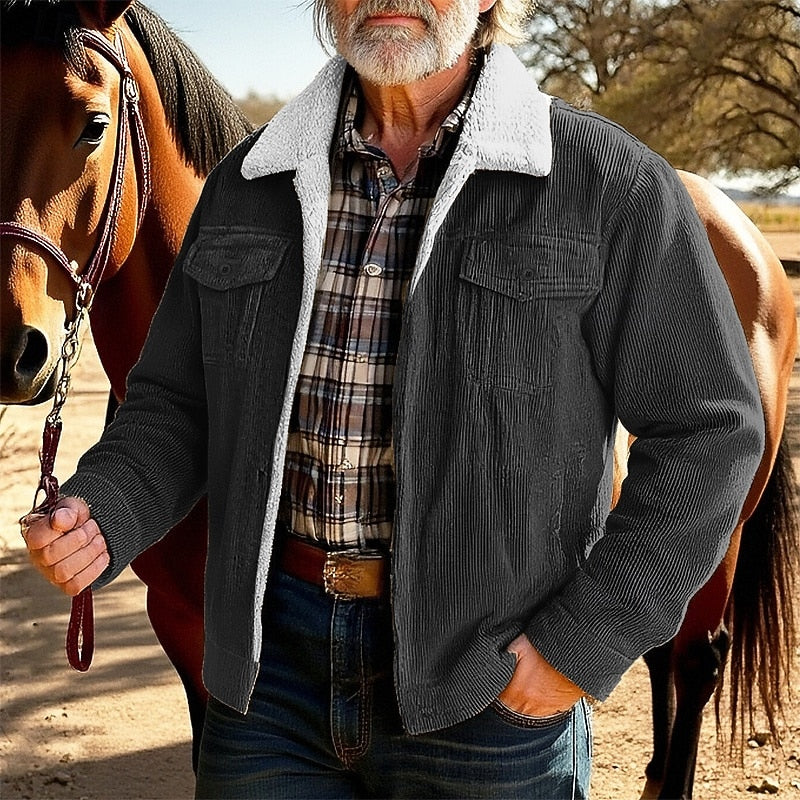 Men's Khaki Corduroy Sherpa-Lined Trucker Jacket with Chest Pockets