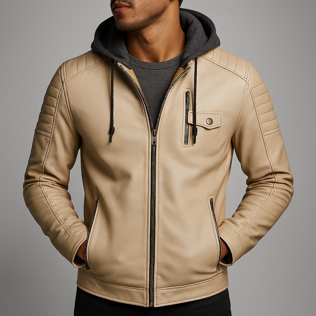 Men's Leather Jacket with Detachable Hood