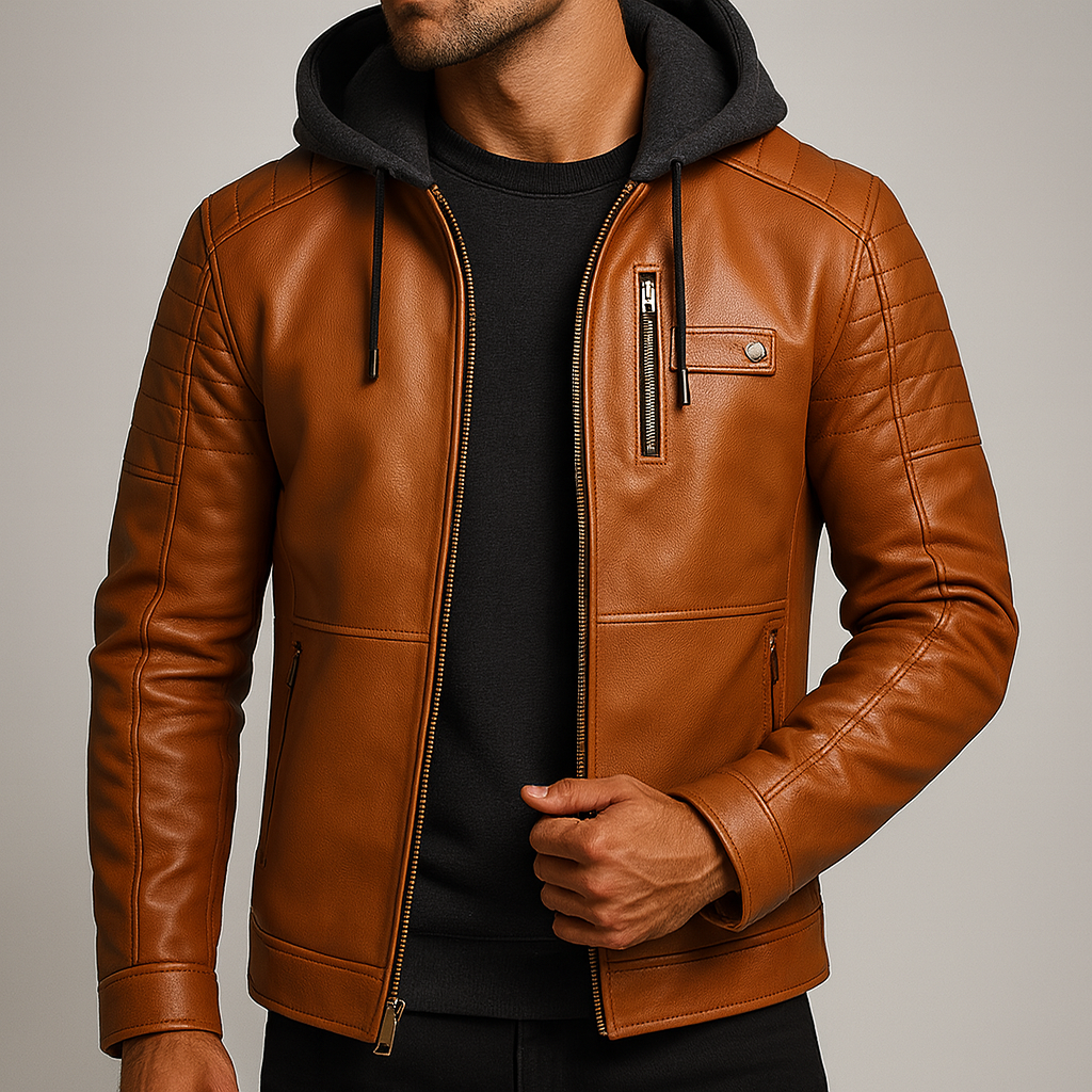 Men's Leather Jacket with Detachable Hood
