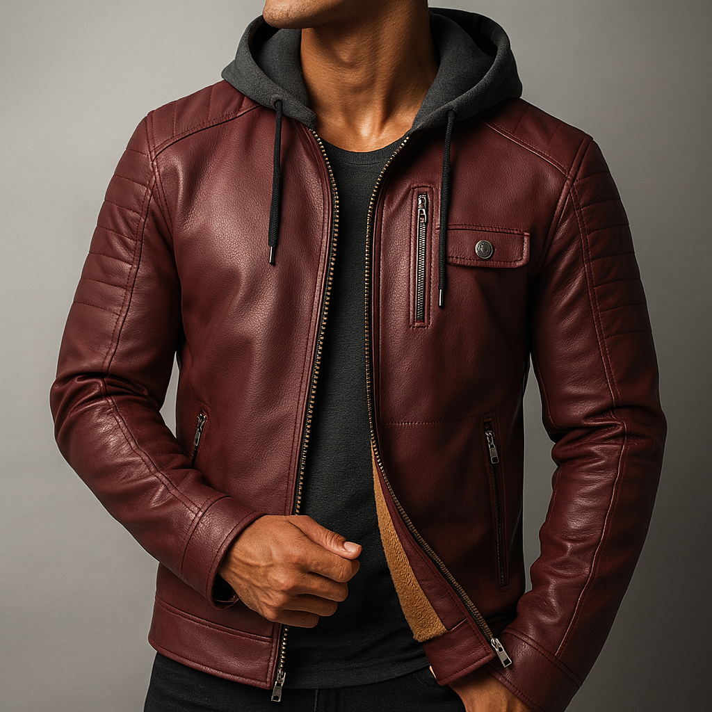 Men's Leather Jacket with Detachable Hood