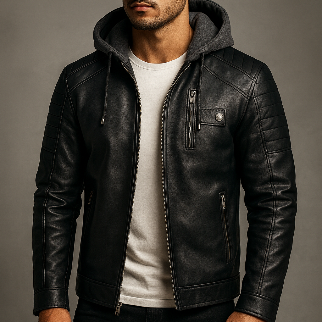 Men's Leather Jacket with Detachable Hood