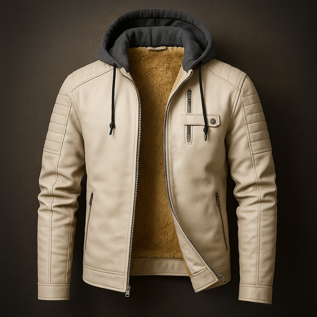 Men's Leather Jacket with Detachable Hood