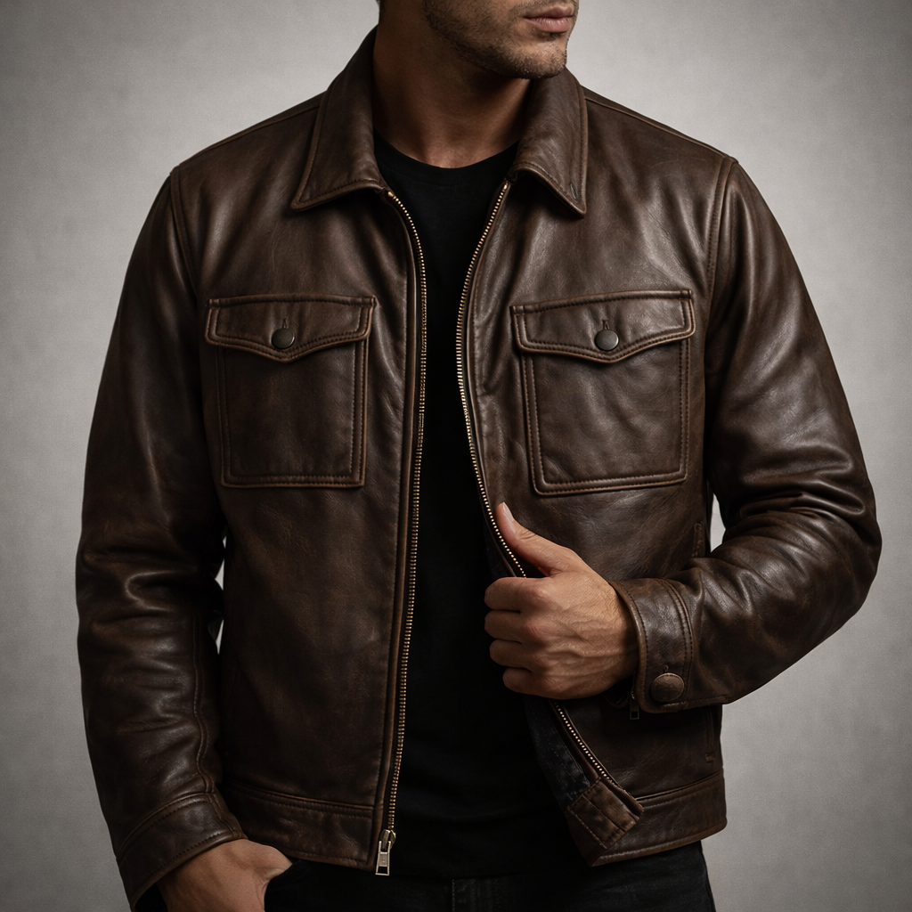 Men's Leather Jacket with Zip-Up Design