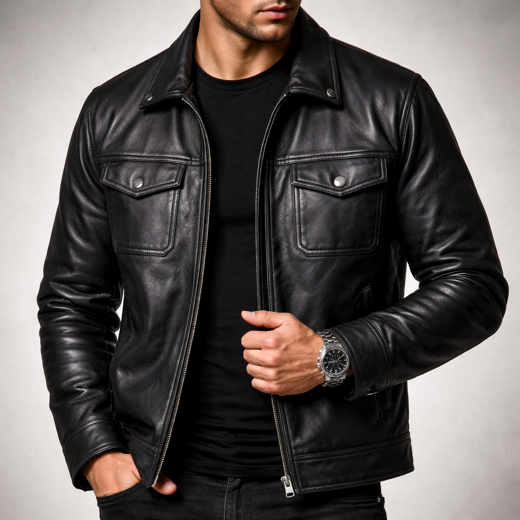 Men's Leather Jacket with Zip-Up Design