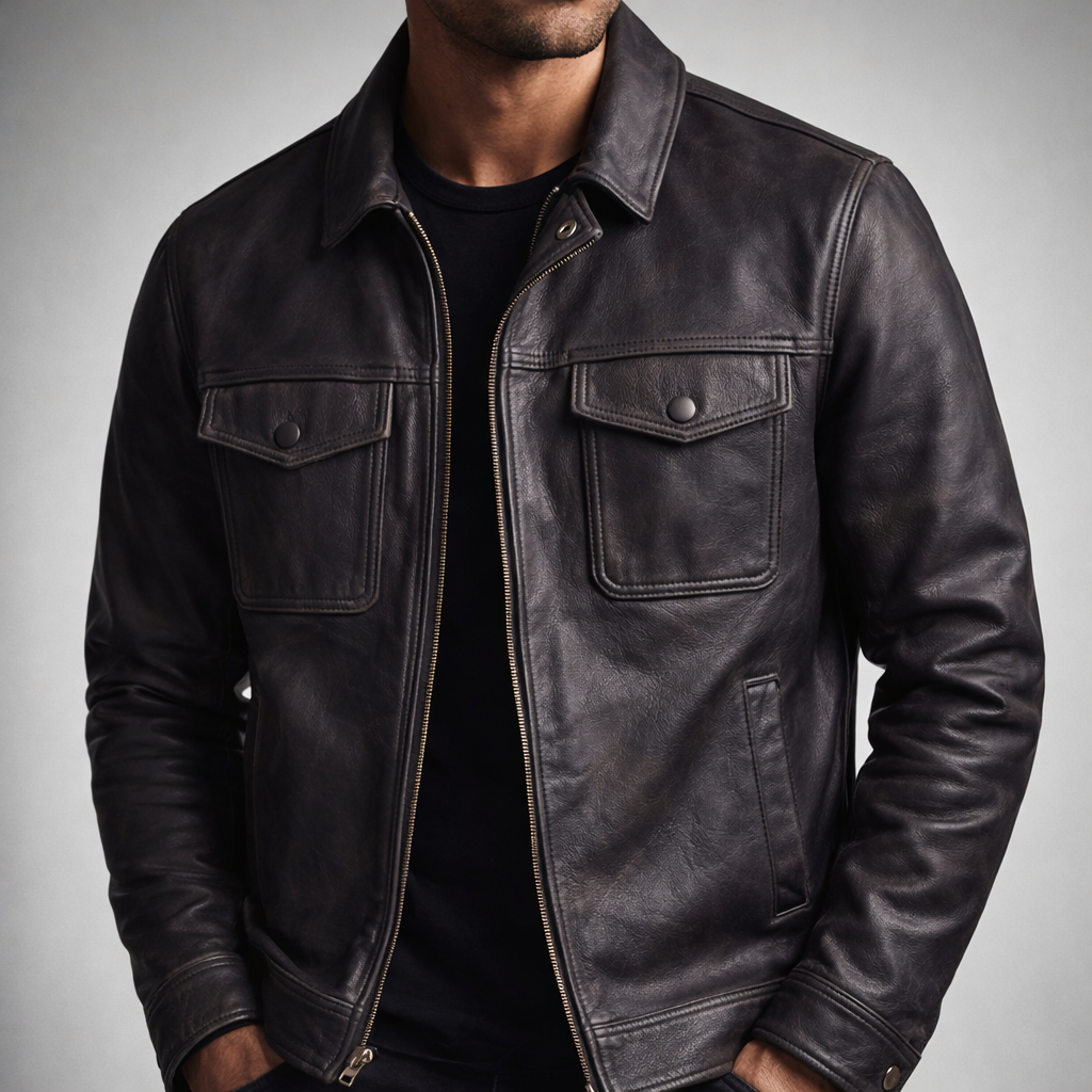 Men's Leather Jacket with Zip-Up Design