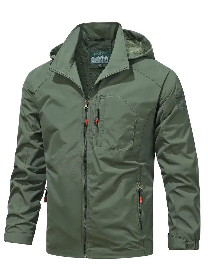 Men's Lightweight Hooded Windbreaker Jacket with Zip Pockets for Outdoors