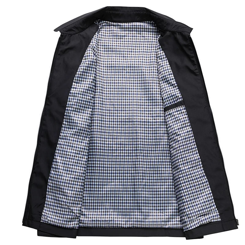 Men's Lightweight Zip Jacket Black Plaid-Lined Casual Office Wear