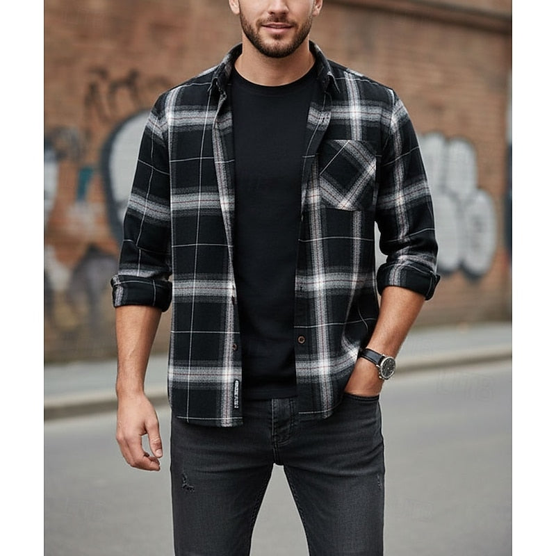 Men's Long Sleeve Plaid Flannel Shirt with Chest Pocket - Casual Style