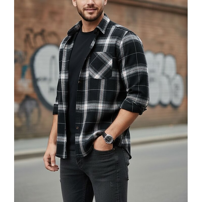 Men's Long Sleeve Plaid Flannel Shirt with Chest Pocket - Casual Style