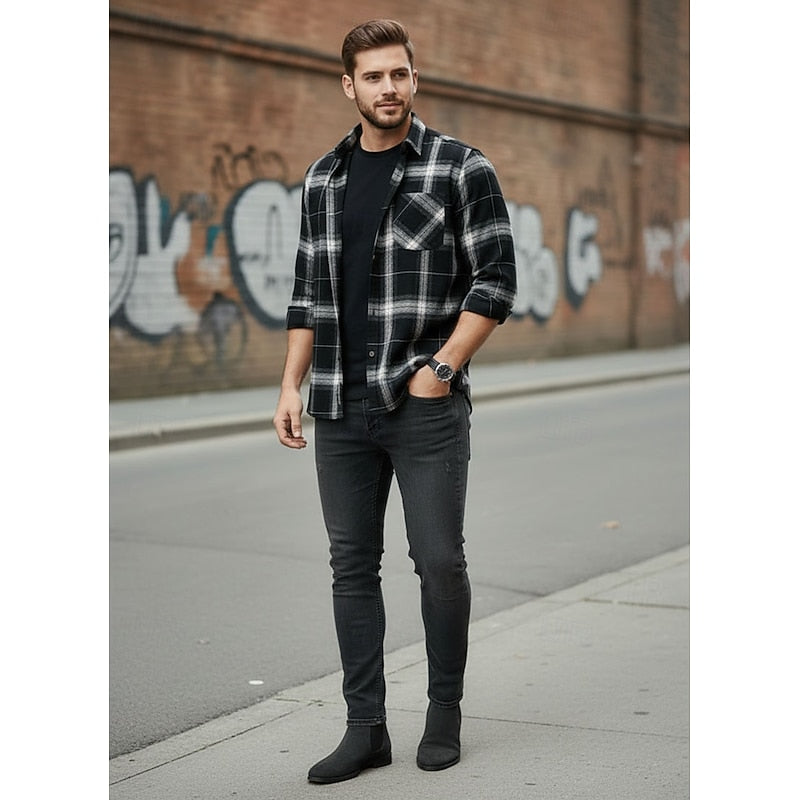 Men's Long Sleeve Plaid Flannel Shirt with Chest Pocket - Casual Style