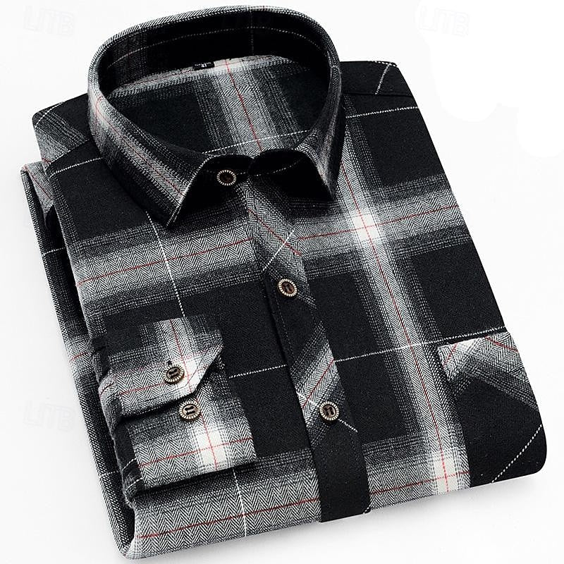 Men's Long Sleeve Plaid Flannel Shirt with Chest Pocket - Casual Style