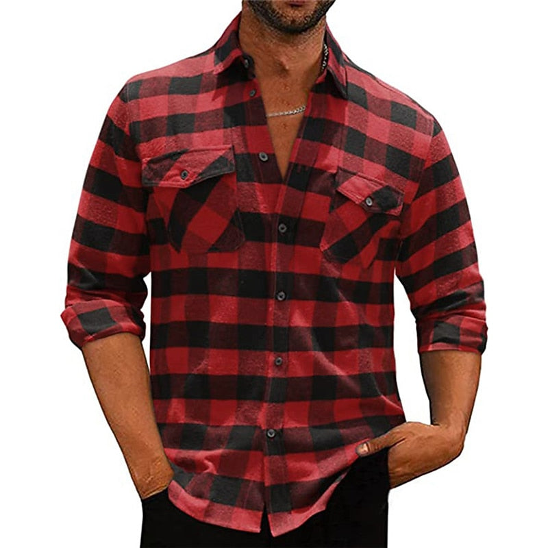 Men's Long Sleeve Plaid Flannel Shirt with Chest Pockets - Casual Wear