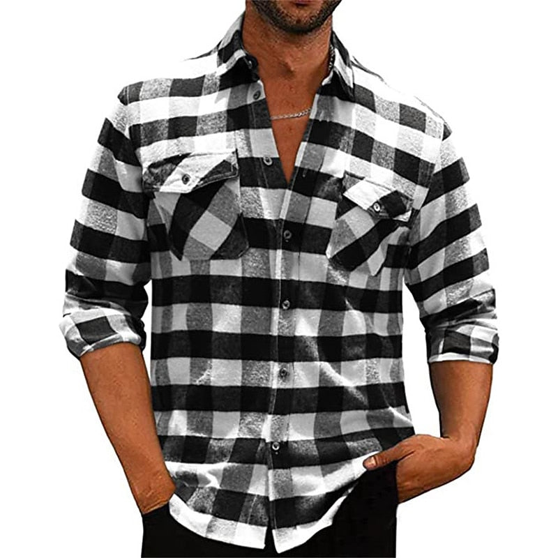 Men's Long Sleeve Plaid Flannel Shirt with Chest Pockets - Casual Wear