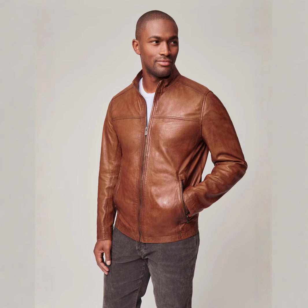 Men's Moto Jacket with Stand Collar and Zip Front, Side Pockets