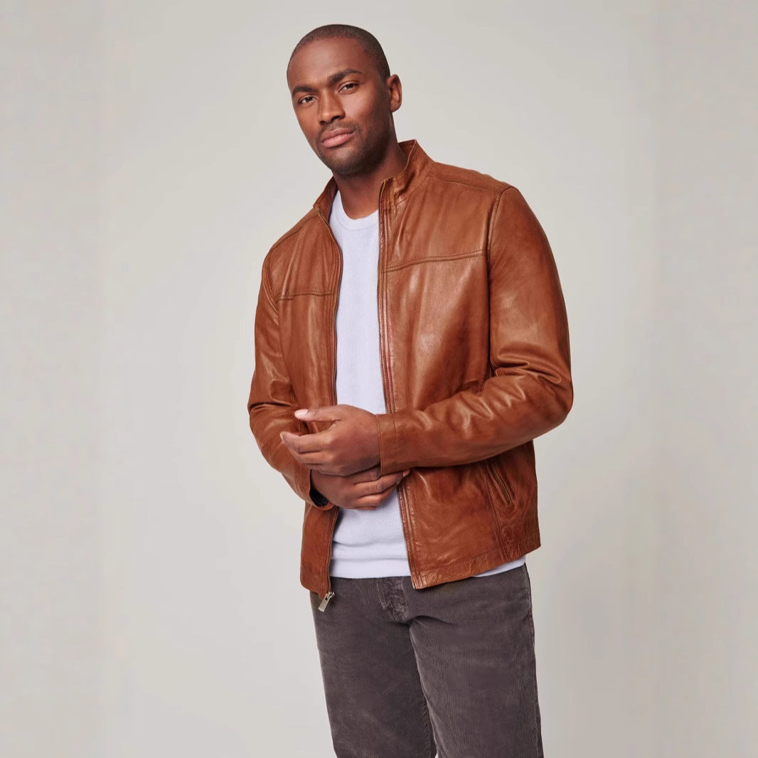 Men's Moto Jacket with Stand Collar and Zip Front, Side Pockets
