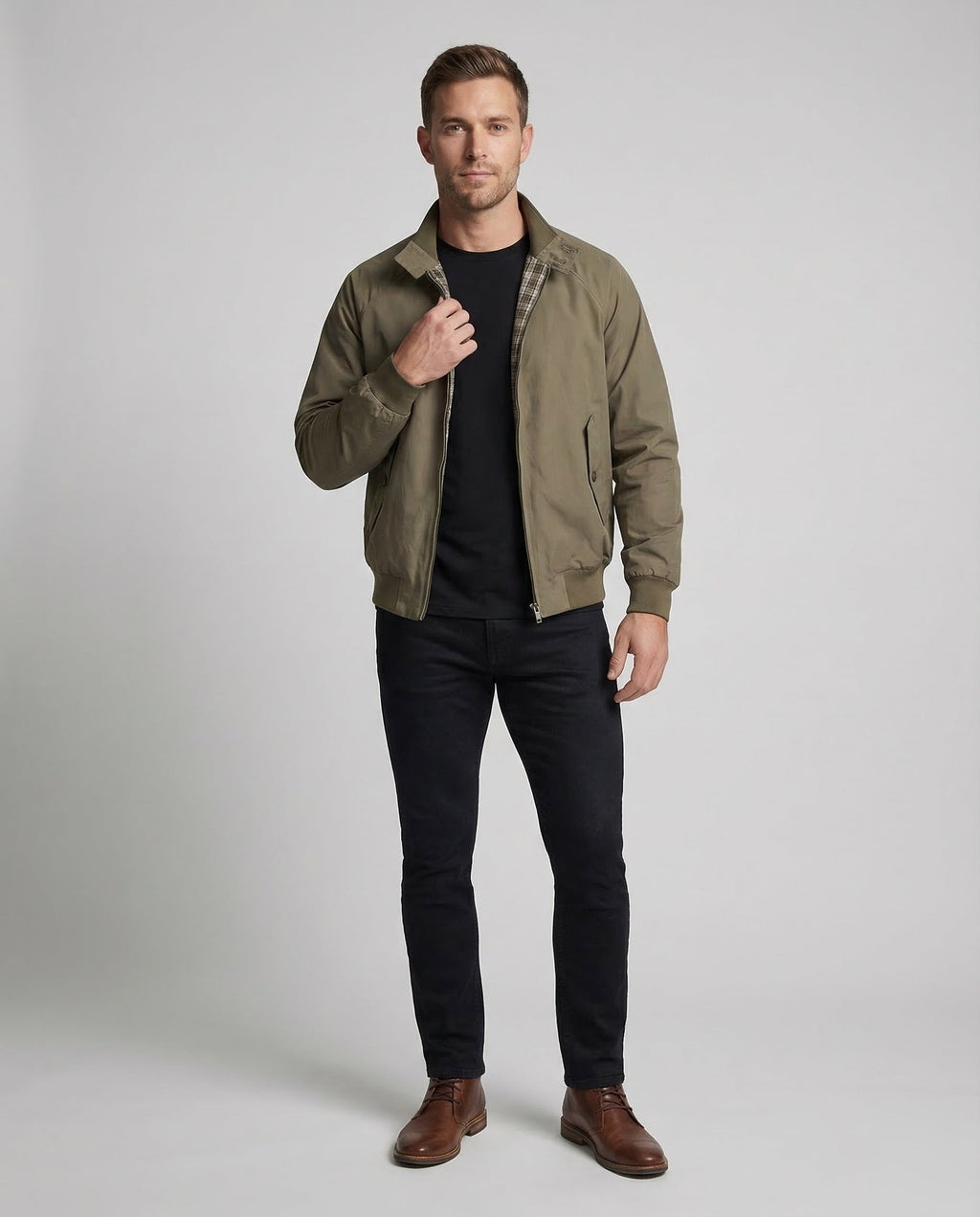 Men's Olive Green Full-Zip Harrington Jacket with Check Lining