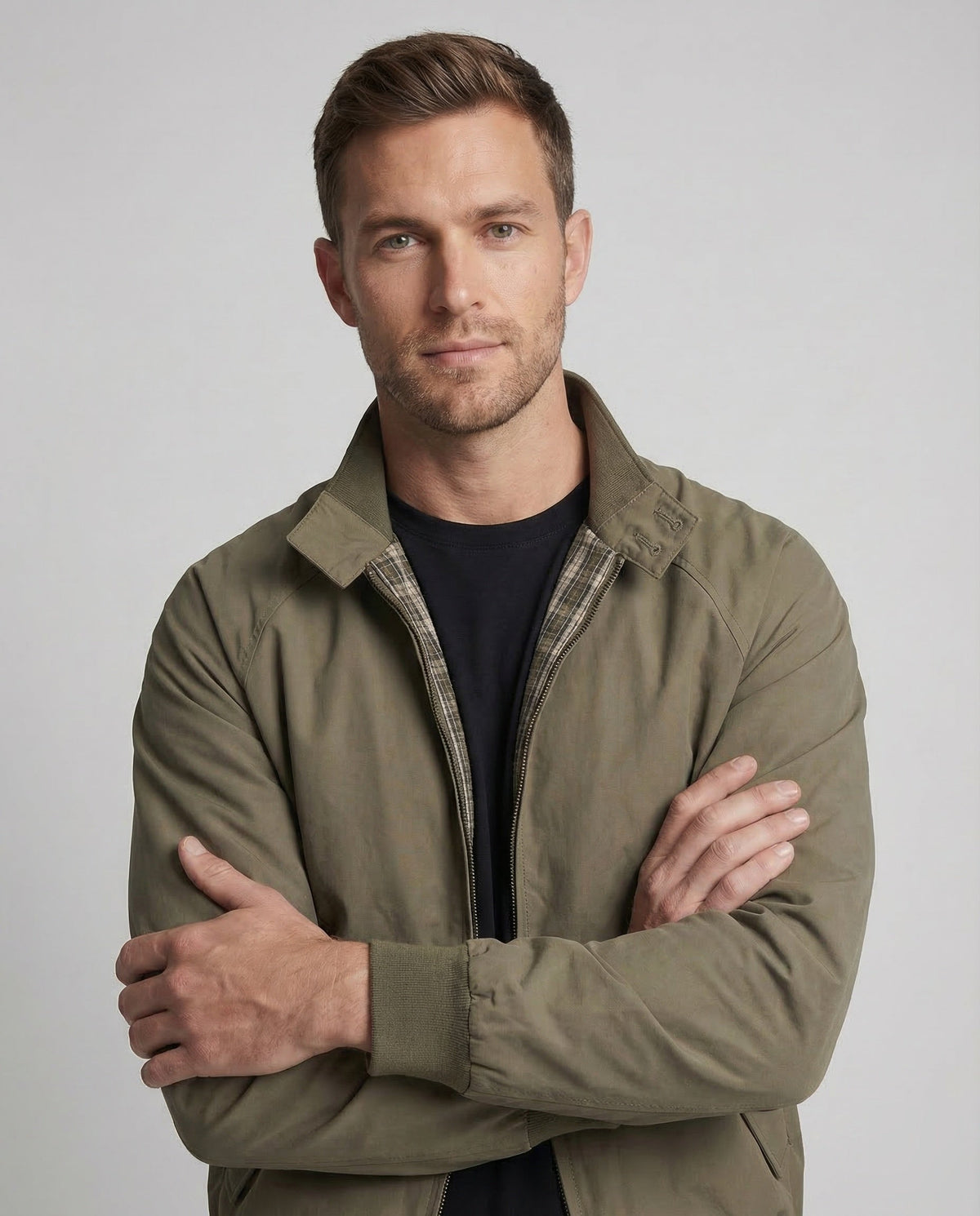 Men's Olive Green Full-Zip Harrington Jacket with Check Lining