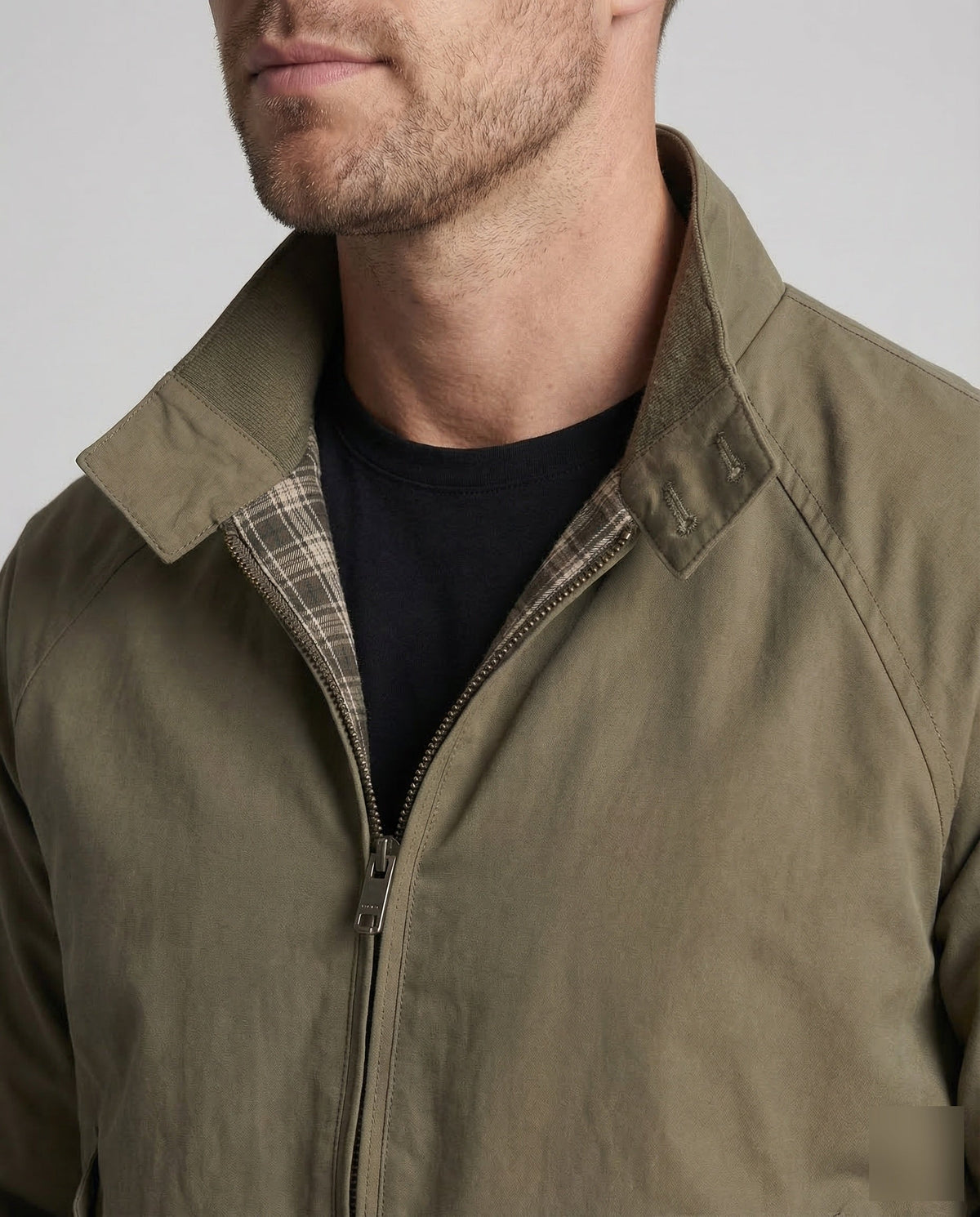 Men's Olive Green Full-Zip Harrington Jacket with Check Lining