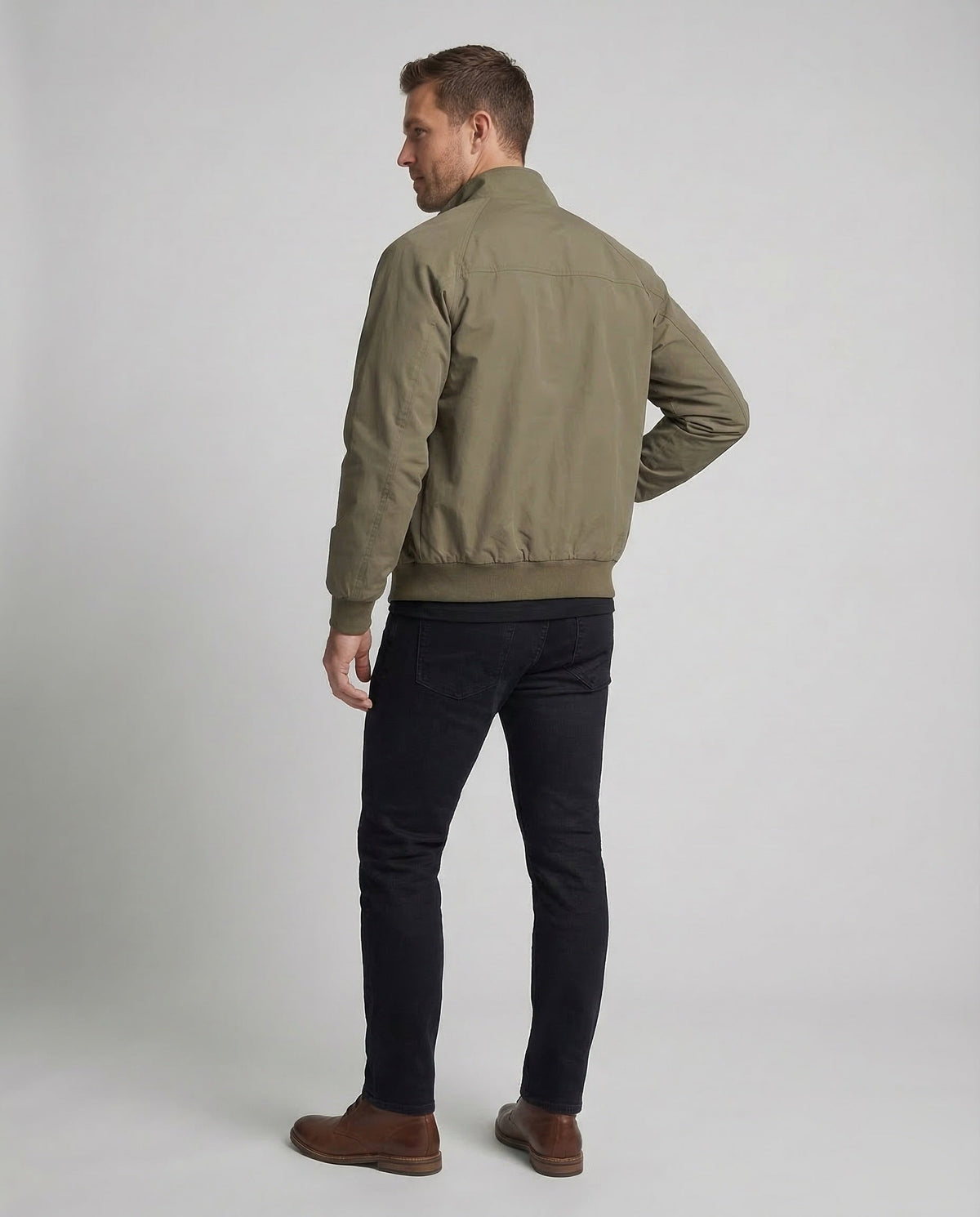 Men's Olive Green Full-Zip Harrington Jacket with Check Lining