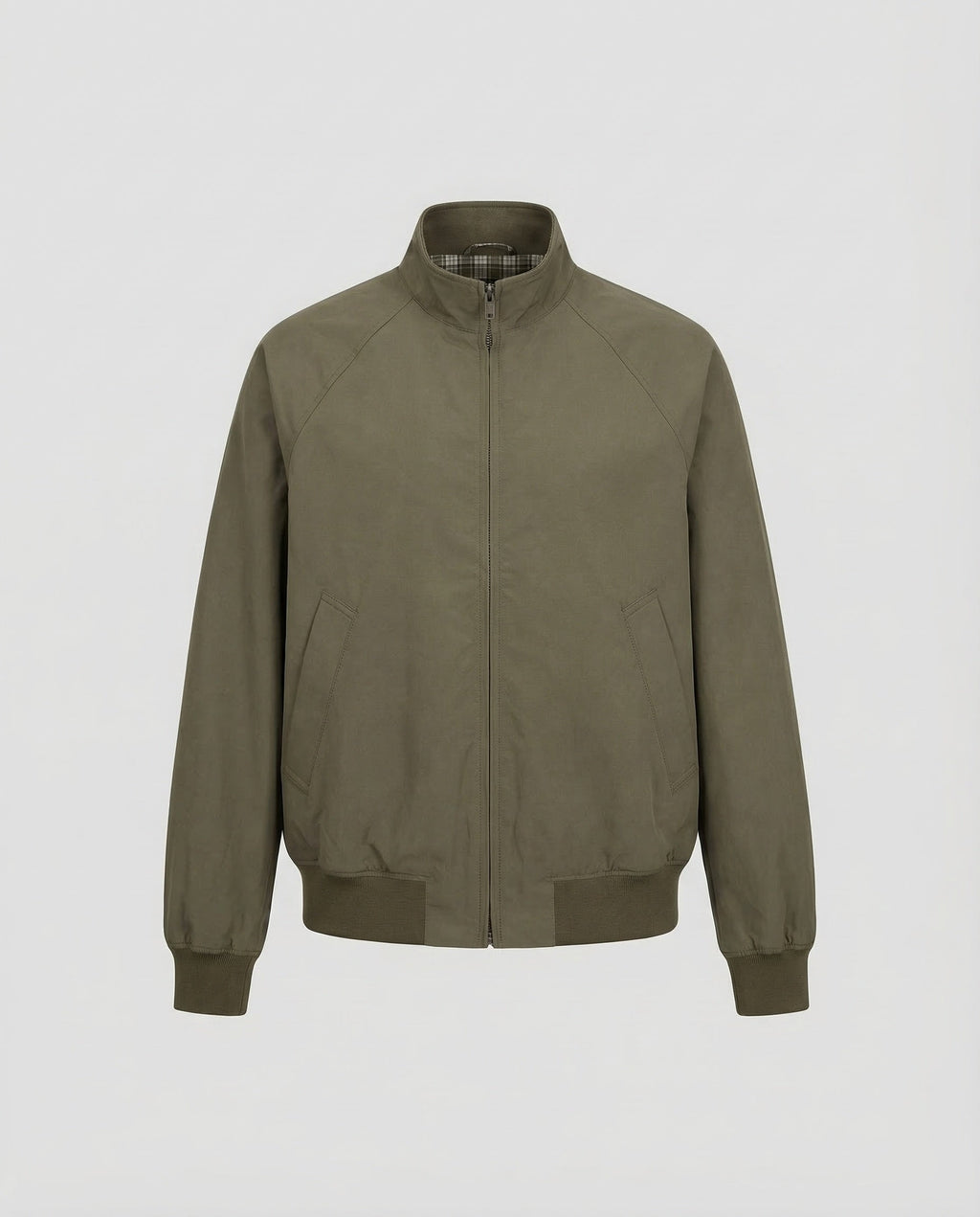 Men's Olive Green Full-Zip Harrington Jacket with Check Lining