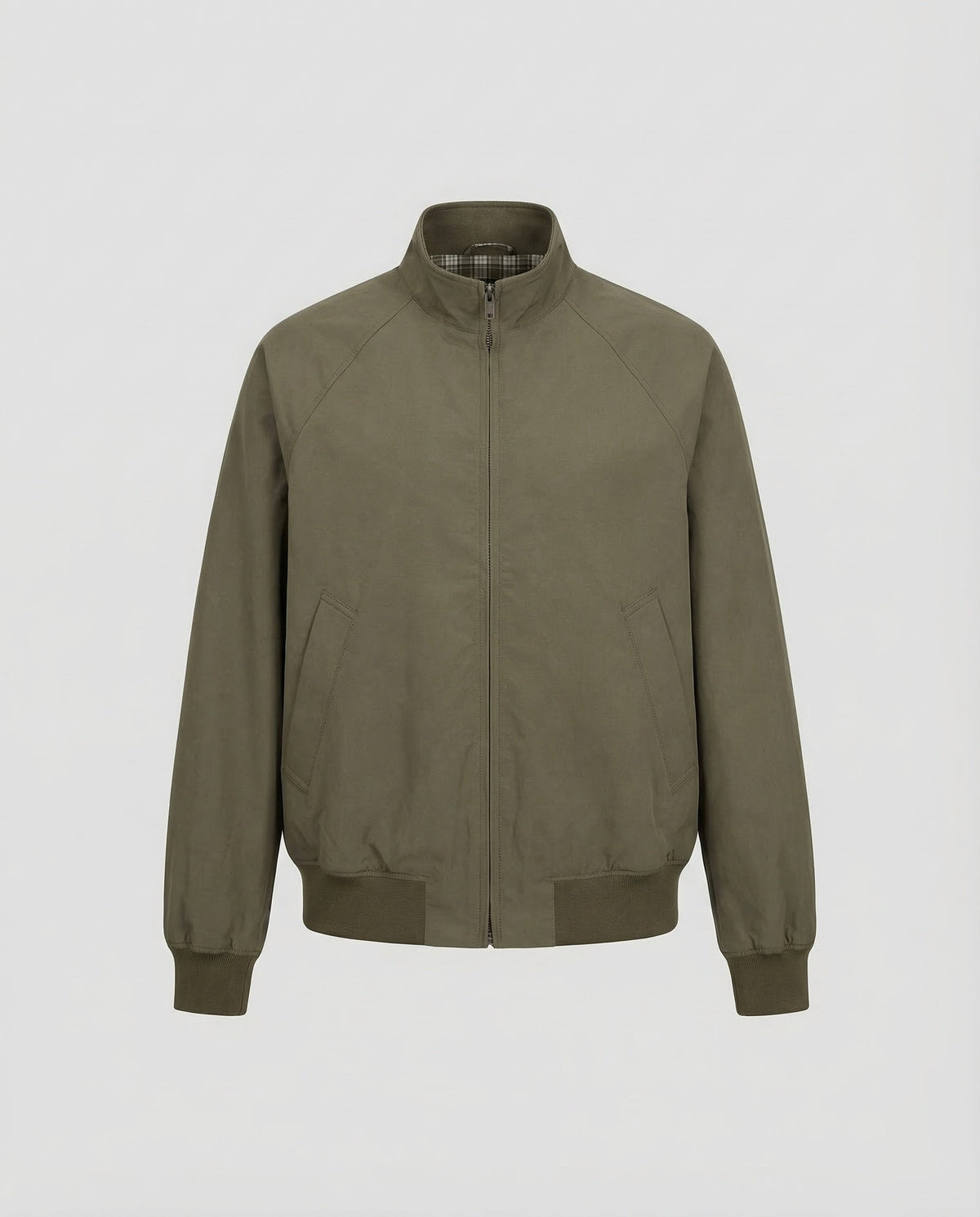 Men's Olive Green Full-Zip Harrington Jacket with Check Lining