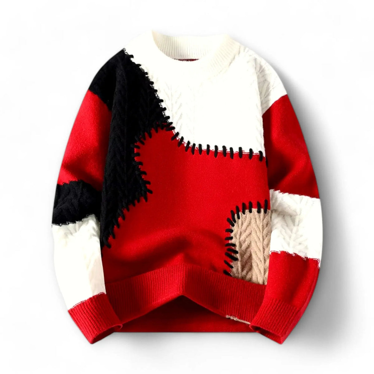 Men's Patchwork Crewneck Sweater with Decorative Stitching