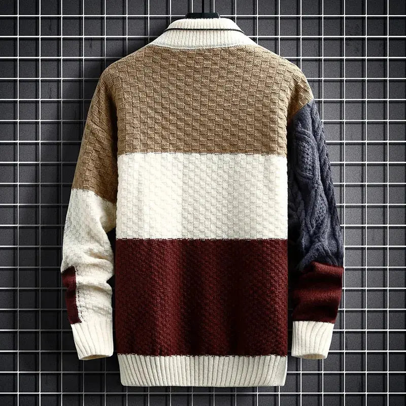 Men's Patchwork Crewneck Sweater with Tonal Texture