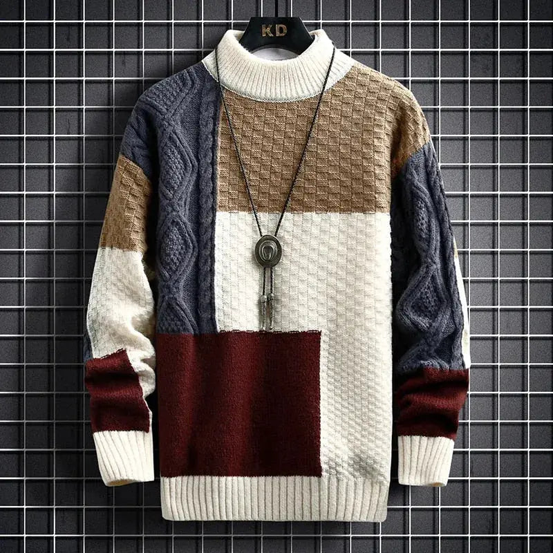 Men's Patchwork Crewneck Sweater with Tonal Texture