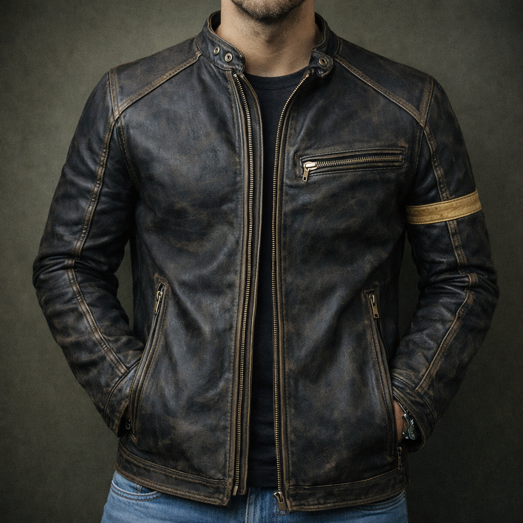 Men's Patina Leather Jacket with 4-Pocket Zip-Up