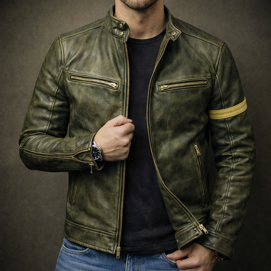 Men's Patina Leather Jacket with 4-Pocket Zip-Up