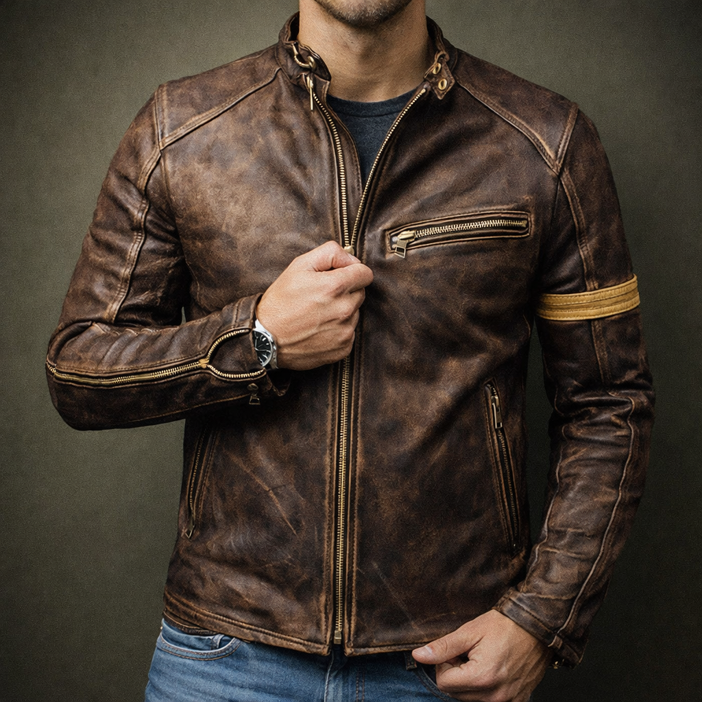 Men's Patina Leather Jacket with 4-Pocket Zip-Up